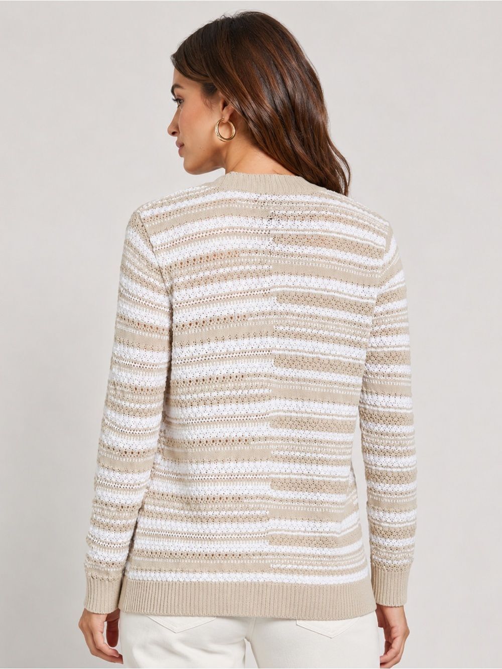 Jones New York Textured Stripe Open Front Cardigan Natural Stone Tan White S NEW - Picture 3 of 15
